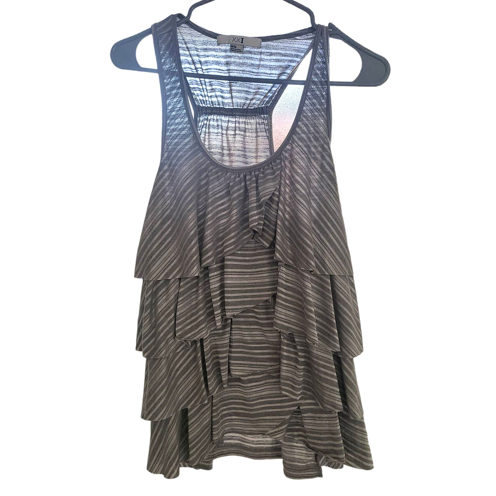 Forever 21 Gray Striped Razorback Tiered Ruffle Tank Top - Medium